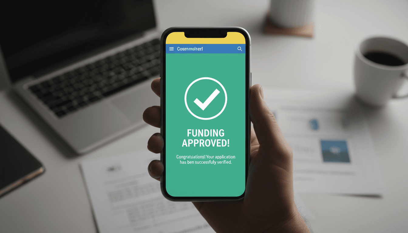 Funding approval notification on mobile phone screen